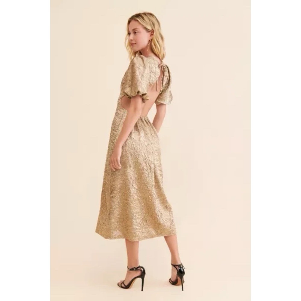 Lisa Says Gah Gwen Midi Dress Textured Satin Crinkle‎ Large Gold Puff Sleeve
